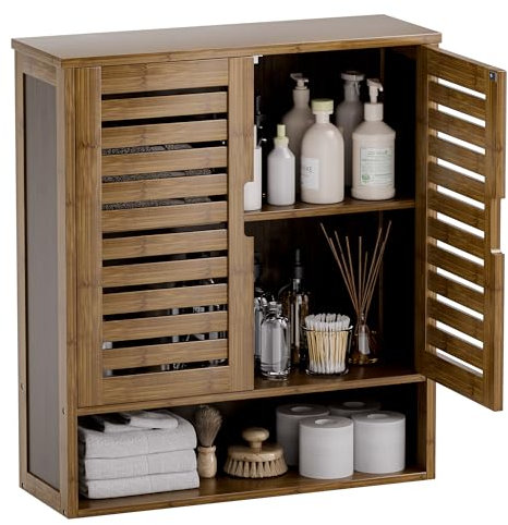 SMIBUY Armoire de Salle de Bain Murale, Organisateur de Rangement en Bambou au-Dessus de la Cuvette, Armoire à Pharmacie Gain de Place avec 2 Portes et étagères réglables (Noyer)