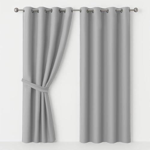 AMEHA Eyelet Blackout Curtains for Bedroom, Light Grey 46”x54” 1 Pair | Black Out Curtains for Living Room, Soundproof Heat Blocking Curtains 54 Inch Drop, 2 panels with Tiebacks