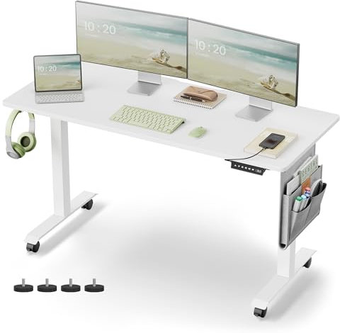 VASAGLE Höhenverstellbarer Schreibtisch elektrisch, 60 x 140 x (72-120) cm, stufenlos verstellbar, Memory-Funktion mit 4 Höhen, wolkenweiß LSD174W01, Holzspanplatte, Stahl, Oxford-Gewebe