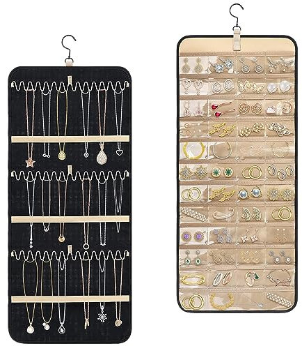 Borsa per Gioielli da Viaggio, Organizer per Gioielli da Appendere con Gancio in Metallo, Rotolo di Gioielli Double Face, con 32 Tasche per Anelli, Orecchini, Collane, Orologi (Grande)