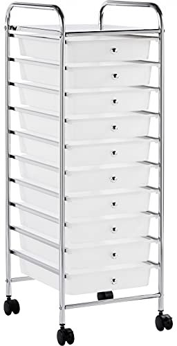 Yaheetech Badregal Rollwagen Rollcontainer mit 10 stapelbaren Schubladen und Metallgestell Badrollwagen mit Ablageflächen, 32 × 36,5 × 90,5 cm Weiß