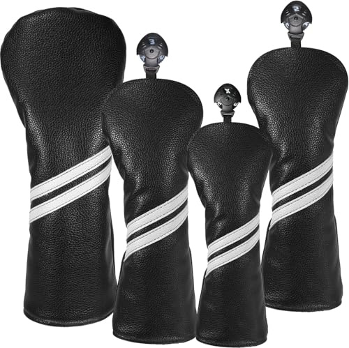 Golf Club Head Covers - 4Pcs Golf Accessories Club Covers Set for Woods and Driver Fairway Hybrids with Interchangeable Tags - Black
