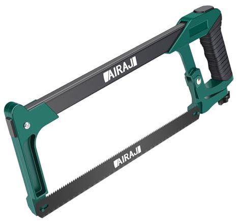 AIRAJ Sierra de Metal 300mm con Hoja de Doble Cara,Marco de Sierra Profesional con ángulos de Corte de 45° y 90° Para Cambiar Cuchillas con Solo Tocar un Botón, Adecuada para cortar metal, madera, etc