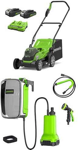 Greenworks Cortacésped de Batería, Ancho de Corte 36cm, MÁS Dos de Baterías de 24V 2Ah y Cargador + Greenworks G24SWP Bomba de Agua Sumergible Inalámbrica, SIN Batería y Cargador, Garantía de 3 Años
