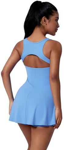 EFOGEP Vestido de tenis para mujer con pantalones cortos integrados y brasier sin mangas, vestidos deportivos acampanados y pantalones cortos separados, 2 piezas, pickleball, golf, atletismo