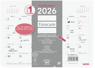 Finocam - Calendario magnete Mese Vista Gennaio - Dicembre 2026 (12 mesi) | Calendario Magnetico frigorifero | Planner mensile ChicBlanco - Catalano