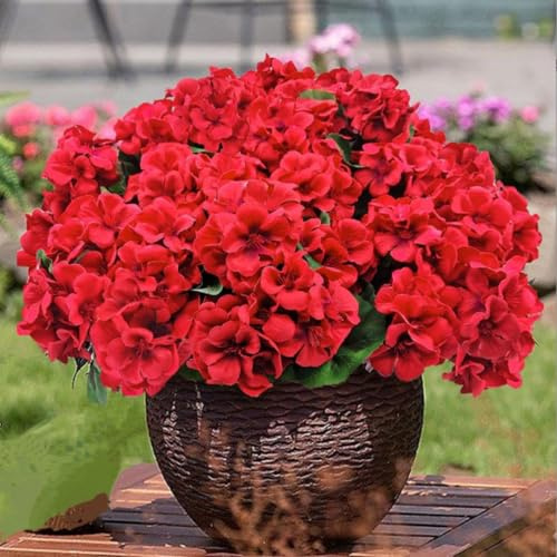 OUKEYI 6 st 35,5 cm konstgjorda pelargonblommor för utomhusbruk, röda pelargon silkesblommor utomhus UV-beständiga trädgårdsväxter buske falsk för hem bröllop kök bord bordsuppsatser dekor
