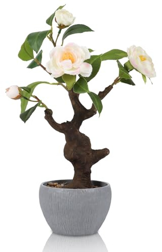 HPNIUB Artificial Camellia Potted Plant with Stone Pot, Fake Potted Flowers Faux Plants Desk Decor, Realistic Decorative Plants Indoor Decor for for Home Bedroom Bathroom Office 26x26x38cm