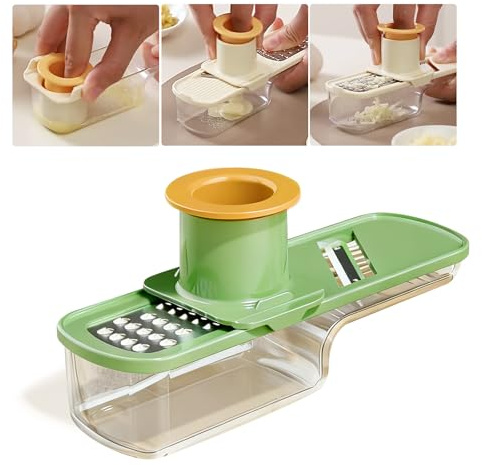 Mini Multifunctional Garlic Grinder, 3-in-1 Garlic Slicer Veggie Shredder with Container, Durable Stainless Steel Blades, Easy to Use and Clean for Kitchen (Green)