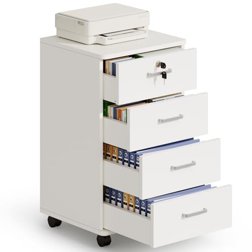 Warmiehomy 4 Drawer Lockable Filing Cabinet, Mobile Under Desk Drawers with Storage, Office Drawers File Cabinet for Letter / A4 Paper/Document, Printer Stand Home Office, White