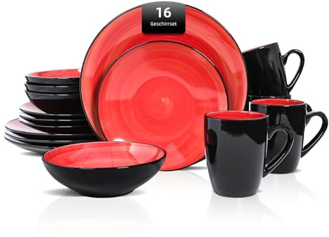 HomeVss Sonoma 16-delat servisset av stengods, svart utsida med svarta stänk (röd)