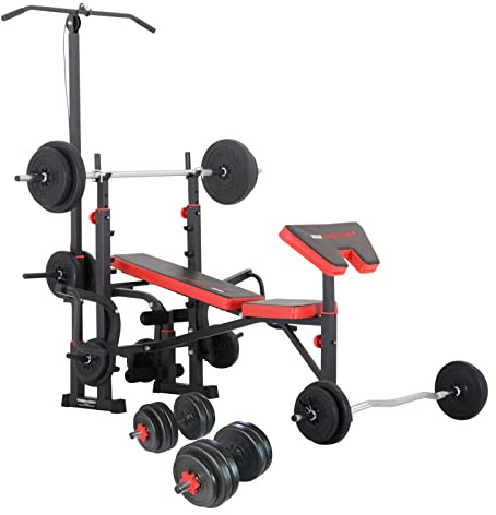 trainhard Force Station remise Banc de musculation Noir/Rouge avec long, de Curl et de Haltère courte et 110 kg Haltères