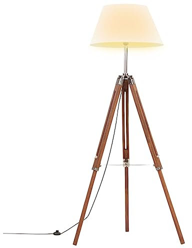 vidaXL Teak Massiv Stativlampe Höhenverstellbar Vintage Retro Standleuchte Stehlampe Stehleuchte Standlampe Lampe Leuchte Honigbraun Weiß 141cm