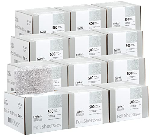 ForPro Expert Präglade folieark 500S, aluminiumfolie, popup-foliedispenser, hårfolier för färgapplikation och markeringstjänster, livsmedelssäker, 5 tum B x 10 tum L, 500 st (paket med 12)