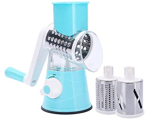 Tooloflife - Rallador de queso giratorio para verduras con 3 cuchillas de tambor, triturador de queso parmesano de mano, picador de lechuga, rallador de patatas, cortador de sandía
