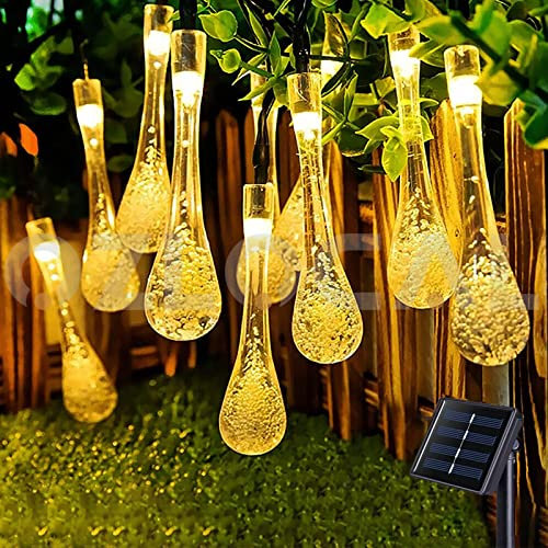 Solar Garden String Lights Outdoor, 20 LED Solar Crystal Raindrop Fairy Lights, 4.8M Waterproof Teardrop Lamp Decorative Lighting for Terrace Fence Backyard Christmas Party Balcony Patio, Warm White