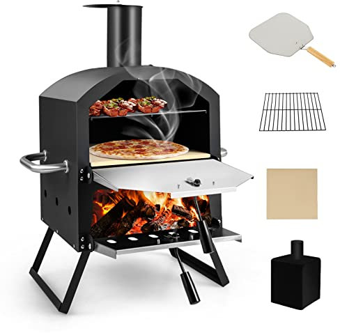 COSTWAY Forno per Pizza da Esterno, Forno a Legna per Pizza con Manici Antigraffio, Gambe Pieghevoli, 2 Strati, Pietra per pizza, Pala per Pizza, Copertura Impermeabile, per Picnic, Festa e Campeggio
