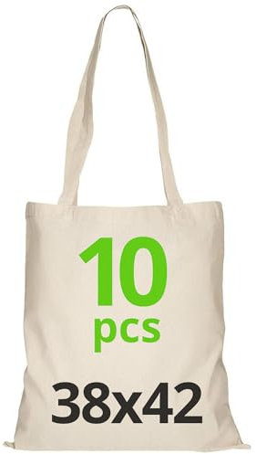 Baumwolltasche 38x42 cm, Packung mit unbedruckten Taschen, lange Träger, widerstandsfähige Stofftaschen, wiederverwendbare Einkaufstasche zum Bedrucken oder Bemalen, 38x42cm, Natur, 10 Stück