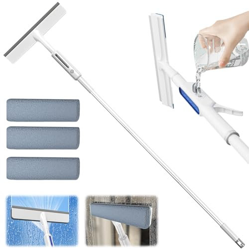 Window Cleaner with Spray Function, Window Wiper with Telescopic Handle, Window Squeegee with 3 Microfibre Pads, Window Cleaner with Removable Head for Window Glass, Ceramic Tiles, Floor, Mirror, Car