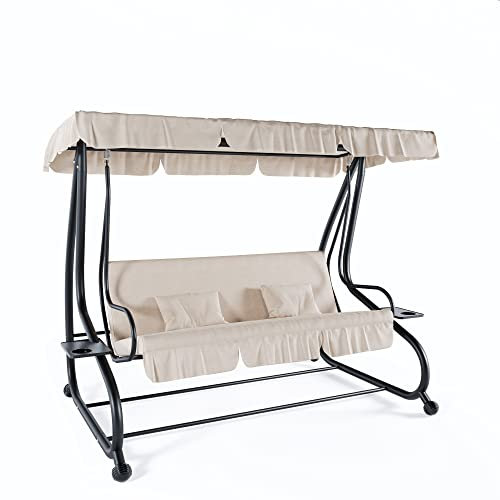 Dondolo 3 Posti Reclinabile Con Parasole Tettuccio Regolabile Cuscini Imbottiti Diventa Letto Struttura Robusta In Acciaio Verniciato Giardino Esterno Balcone Terrazzo 200 x 120 x 160 cm (Beige)