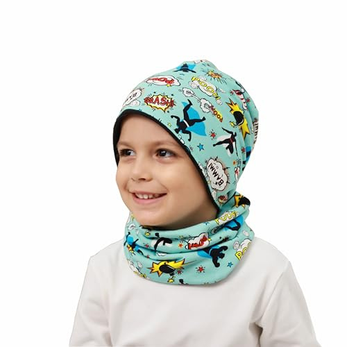 MAKFORT Kinder Beanie Mütze Schal Schlauchschal Set Baumwoll Loop Schal Junge Und Mädche Winter