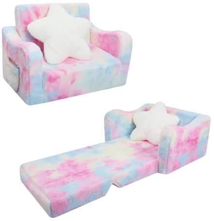 Canapé Pliant pour Enfants avec Oreiller en Forme d'étoile Canapé-Lit Convertible 2 en 1,Fauteuil Stable pour Fille Bébés avec Poche, Canapé Chaise Confortable pour Chambre à Coucher Salon,Rose