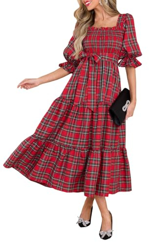 TACSTRUN Maxi Vestido de Navidad Cuadrado Cuello a Cuadros Smocked Belted 3/4 Manga Trompeta una línea Vestidos de Fiesta Largos,Rojo,S
