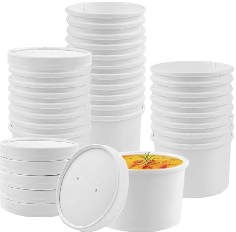 CaterCo Disposable White Soup Containers with Lids - (8oz / 240ml - 50 Pack) - White Paper Takeaway Paper Soup Cups, Microwave & Freezer Safe Ice Cream Bowl, Eco-Friendly (8oz / 240ml - 50 Pack)