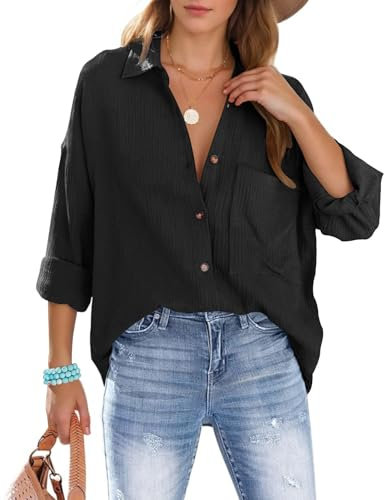 Lonya Musselin Bluse Damen Elegant V-Ausschnitt Baumwolle Musselin Hemden Langarm Longbluse Casual Button Down Oberteile Blusenshirt Hemdbluse Tuniken Einfarbig Tops, Schwarz, XL