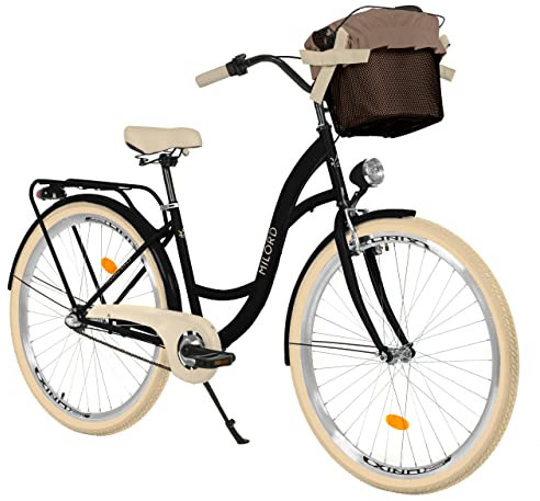 MILORD Damenfahrrad Citybike Komfort Mit Metallkorb Hollandrad Vintage Fahrrad, 26, 28 Zoll, 3-Gang (Schwarz-Creme, 26 Zoll)