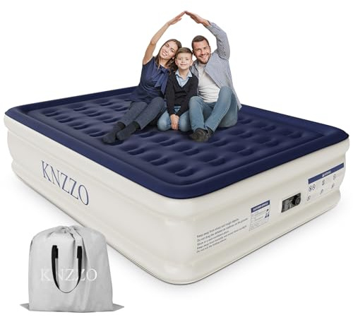 KNZZO Air Mattress Queen with Built-in Pump, Blow Up Mattress with Soft Flocked Top, Leakproof Inflatable Mattress, Foldable Waterproof Air Bed for Home, Guests, Camping, with Storage Bag