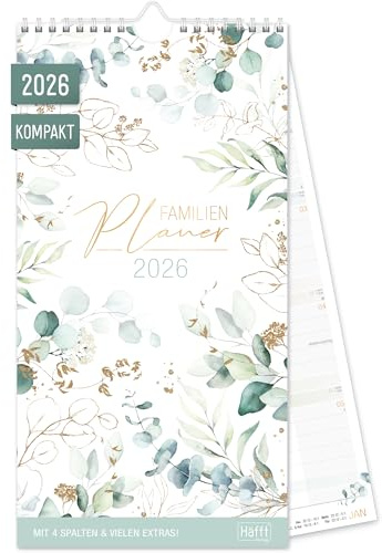 Häfft® Familienplaner 2026 Kompakt mit 4 Spalten Blattgold 16,5 x 32,5 cm - Wandkalender Familienkalender für 12 Monate Jan bis Dez 26 - nachhaltig & klimafreundlich
