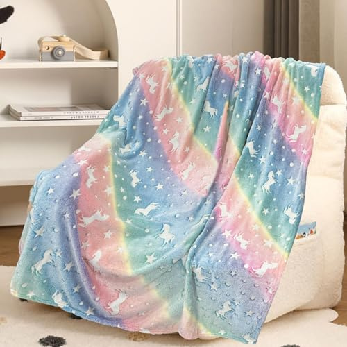Enhörningsfilt gosig filt – 120 x 150 cm filt lyser i mörkret, varmt och fluffigt barnfiltar för 1–10 års flickor och pojkar – levande filt för gåva (enhörning 5, 120 x 150 cm)