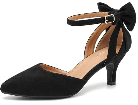 Women's Wedding Evening Party Bow Kitten Heels Pumps Ankle Strap Buckle Dress Shoes, Black, 5 UK