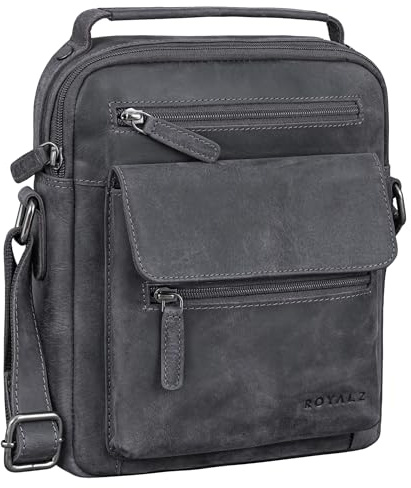 ROYALZ 'Chandler' moderne Handtasche Herren klein Leder mit Henkel - Männer Tasche zum Umhängen Umhängetasche Schultertasche Crossbody Messenger Bag viele Fächer Echtleder, Farbe:Navy Grau