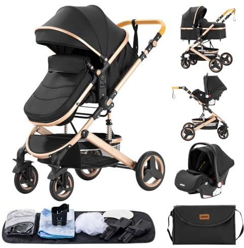GLOKID Pram Baby prams 3 in 1 Travel System Baby Stroller Mosquito net, Rain Cover, Mommy Bag (530 Black)