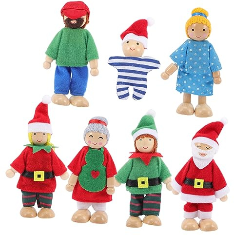 BESTonZON 7 pièces Set de Poupées Bois Noël Figurines Articulées Famille pour Maison de Poupée Imitation pour Garçon Fille Garçons et Filles Jeu de Rôle Éducatif