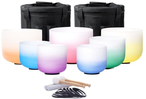 Kristall klangskål set med klangskålar i frostat kristall gradient färg 6–12 tum 7 st 432 HZ med bärväska(432 hz svart väska)