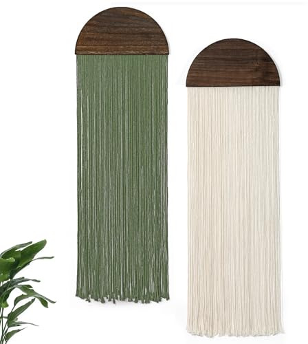 Betylifoy 2 Piezas Tapiz Decorativo Pared Tapices de Pared Verde Semicircular Tapiz con Flecos Tapiz para Colgar Boho Tapiz de Macramé Decoracion Pared Salon y Dormitorio 85 x 30cm (Beige y Verde)