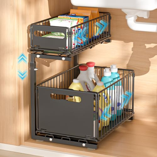 Vankarr Organizador Bajo Fregadero,2 Niveles Organizador Fregadero Metal,Altura Ajustable,Estanteria Bajo Fregadero Extraible,Organizador Cocina,Negro,1 Pieza