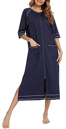 KBOPLEMQ Peignoir de maison pour femme avec fermeture éclair à manches 3/4, peignoir long et léger, vêtement de nuit avec poches, robe de nuit d'allaitement, peignoir de sauna, vêtement de nuit, XXL