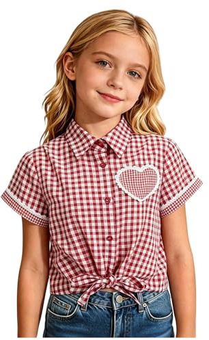 Generico Camicia Bambina A Quadri Colletto Maniche Corte con Decorazione a Cuore e Nodo in Basso Elegante Casual per Oktoberfest Feste a Tema Uniforme Scolastica Uso Quotidiano
