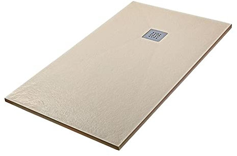 Piatto doccia marmoresina con effetto pietra serie Karen, in diverse dimensioni e colori, spessore ultraslim 3 cm, riducibile su misura, COMPLETO di kit scarico (80x90, Beige)