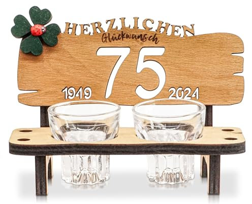 DARO Design SCHNAPSBANK – Schnapsbank mit gravur aus Buche, inkl. 2 Arcoroc Schnapsgläsern, Kleeblatt & Jahreszahlen – Geschenk zum Jubiläum, Geburtstag oder Hochzeit – 75 Jahre
