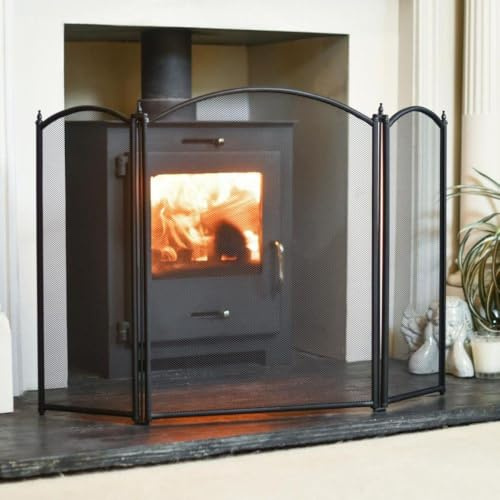 The Classique Black Three-Fold Fireguard Fire Screen – Classic Style Mesh Guard for Log Burners & Open Fires – Spark & Debris Protection