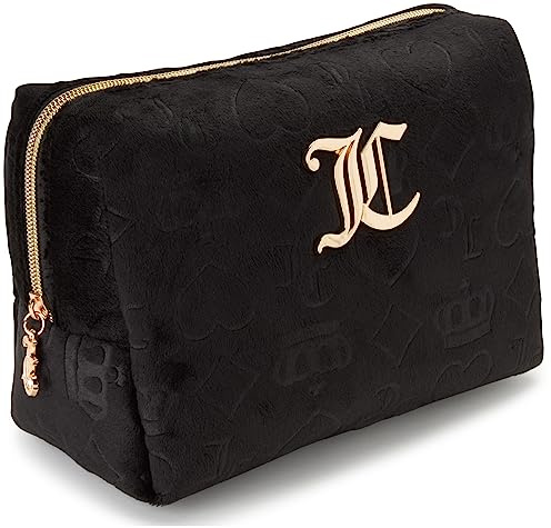 Juicy Couture Black Makeup Bag Cosmetics Organizer Travel Essentials Zip Top Wedge Velour Heart Crown