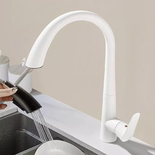 Küchenarmatur Ausziehbar, Wasserhahn Küche mit Brause Weiß Küchenarmatur 360° Drehbar Messing Spültischarmatur Ausziehbar-Weiß