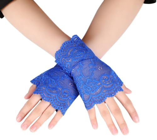 Whakano Guantes de encaje sin dedos para mujer, guantes cortos de boda, guantes cortos sin dedos para mujer, niñas, novia, para Halloween, banquetes, fiestas, bodas, accesorios de fiesta de té, azul