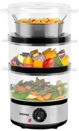Geepas 3-Tier Food Steamer, 7.2L | Electric Vegetable Steamer with 3 Removable Cooking Bowls & Rice Bowl for Healthy Steam Cooking | 60 Mins Timer, Stainless Steel Housing, Compact Design, 400W