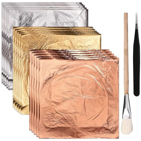150 Stk Blattgold, Blattgoldblätter für Kunst in 3 Farben Blattgoldfolienimitat mit Pinzette und Pinsel Goldfolie für Kunst Basteln Geschenkpaket